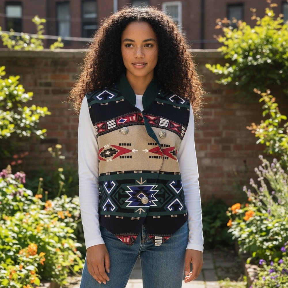 Southwestern Geometric Print Vest Womens M Western Boho Rodeo Aztec Tribal Print